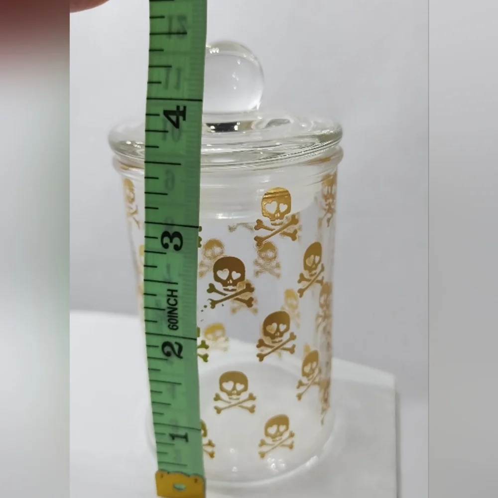 Vintage Gold Skull Cross Bone Glass Jar Poison Barware Stash Container with Top